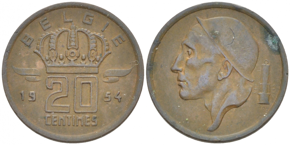 БЕЛЬГИЯ 20 САНТИМОВ 1954 BELGIE KM 147.1 бронза 3718-336