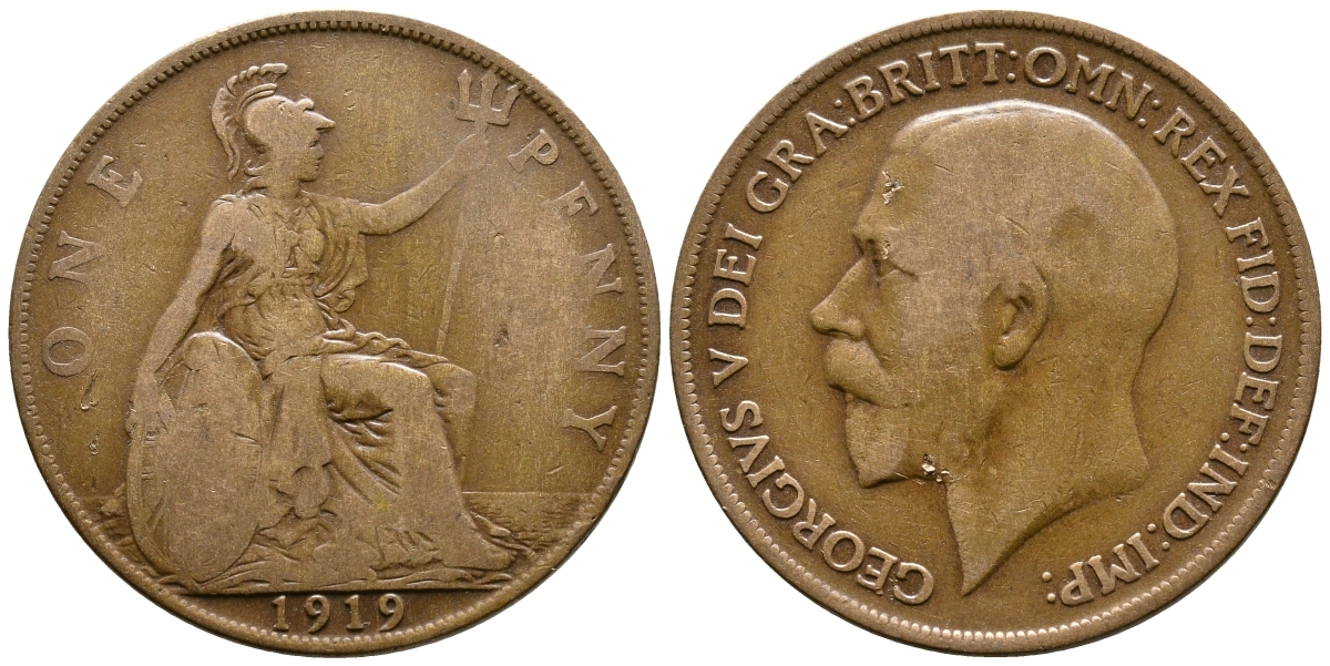 Великобритания 1 пенни 1919 Георг V (1910-1936) KM 810, Spink 4051 бронза    08-611