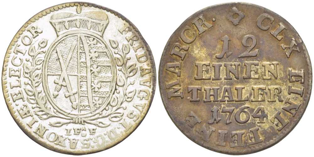 САКСОНИЯ 1/12 ТАЛЕРА 1764 IFoF, ФРИДРИХ АВГУСТ III (1763-1806) KM 956 (C100) серебро 210-221