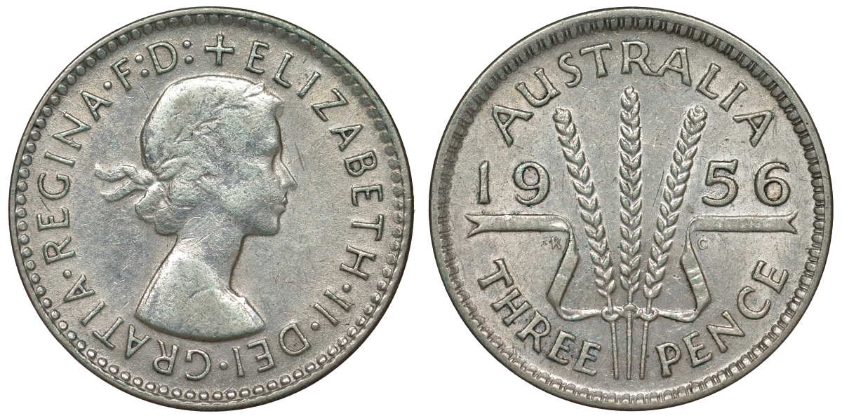 Австралия 3 пенса 1956 m, Елизавета II (1952-2022) KM 57 серебро 71-452