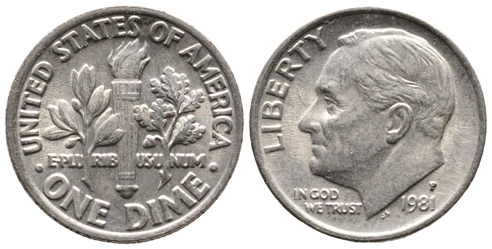 США 10 ЦЕНТОВ = 1 ДАЙМ 1981 Р, РУЗВЕЛЬТ KM 195а медь плакированная медно-никелем 73-1741