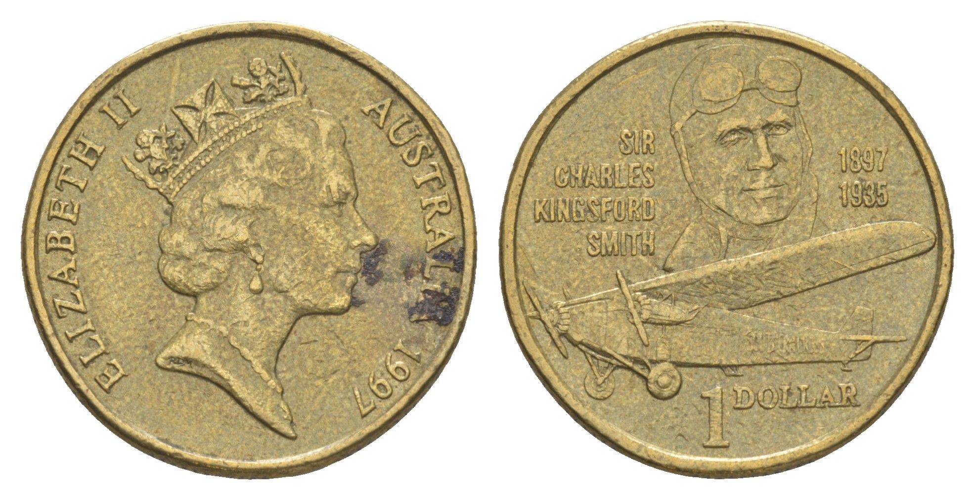 Австралия 1 доллар 1997 100 лет со дня рождения Чарльза Кингсфорда Смита, портрет Чарльза и самолёт KM 327 алюминиевая бронза 4652-223