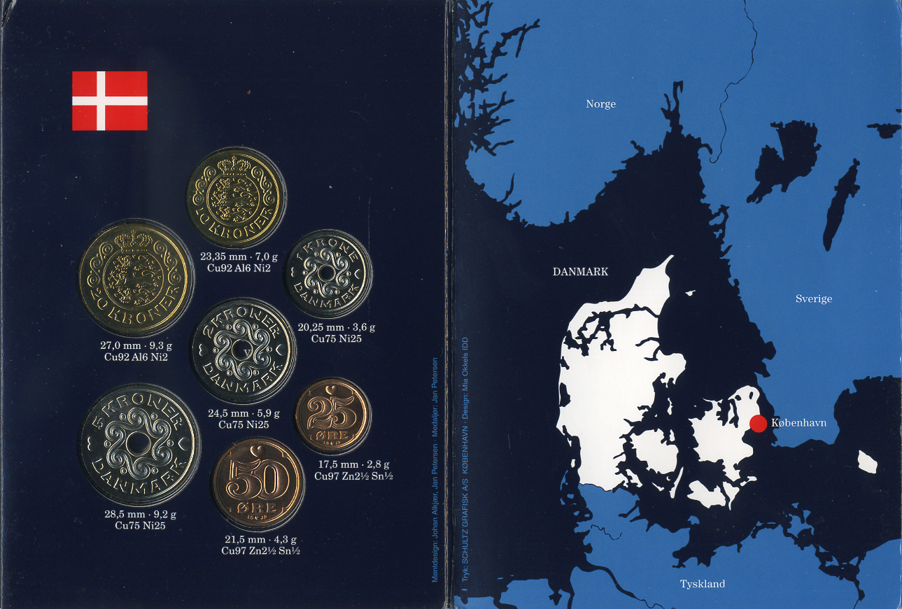 Дания набор из 7 монет 1999 Маргрете II, официальный набор в картонном буклете, тираж 30000 экз. BUNC 2-6-3-14