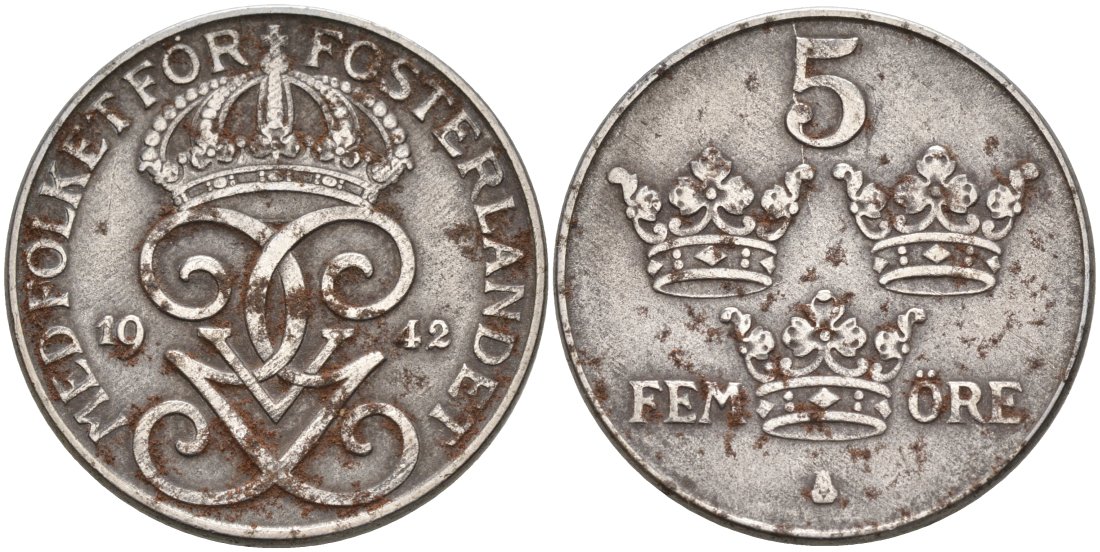 Швеция 5 эре 1942 Густав V(1907-1950) KM 812 железо 4571-816