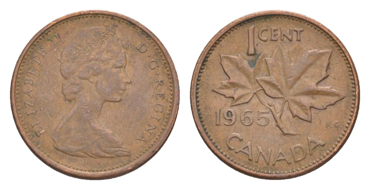Канада 1 цент 1965 Елизавета II (1952-2022), кленовый лист KM 59 бронза 4630-542
