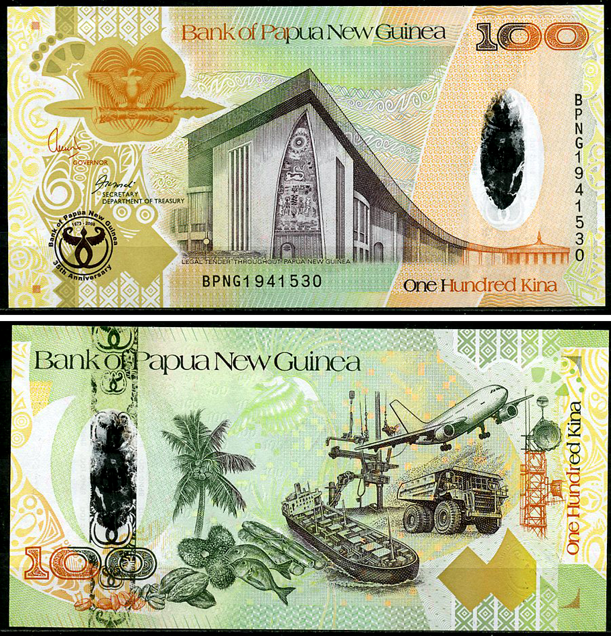 Папуа-Новая Гвинея 100 кина 2008 35 лет банку Папуа-Новой Гвинеи, танкер, самолет, грузовик Pick 37 a  пластик  UNC (пресс) 8588-48-1-1