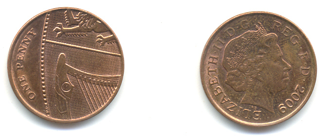 Великобритания 1 пенни 2009 Елизавета II (1952-2022) KM 1107, Spink B6 сталь плакированная медью 177-1212