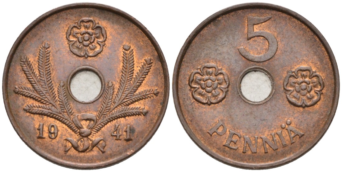 ФИНЛЯНДИЯ 5 ПЕННИ 1941 KM 64.1 медь 192-1062