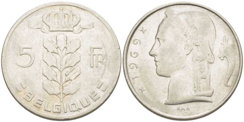 БЕЛЬГИЯ 5 ФРАНКОВ 1969 BELGIQUE, БОДУЭН I (1951-1993) KM 134.1 медно-никель 213-557