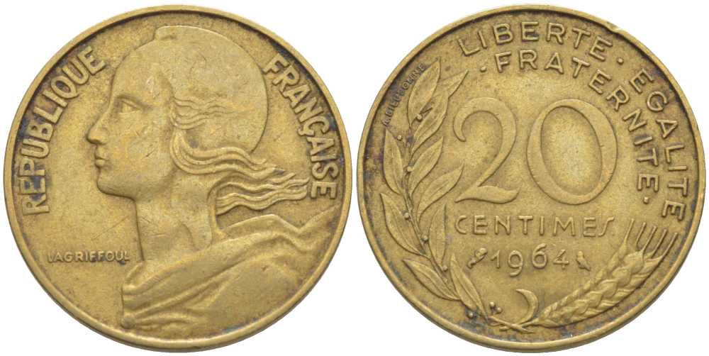 ФРАНЦИЯ 20 САНТИМОВ 1964 ТИП MARIANNE KM 930, LE FRANC 156.4 алюминиевая бронза 175-824