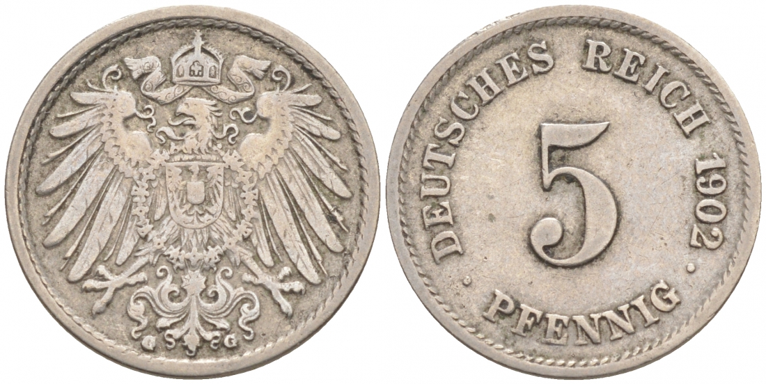 ГЕРМАНИЯ 5 ПФЕННИГОВ 1902 G, KM 11, J. 12 медно-никель 73-1556
