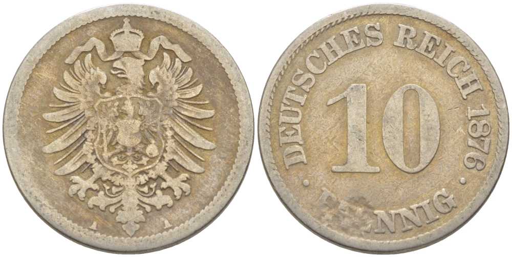 Германия 10 пфеннигов 1876 A, старогербовка KM 4, Jager 4, Weege 7 медно-никель 210-623