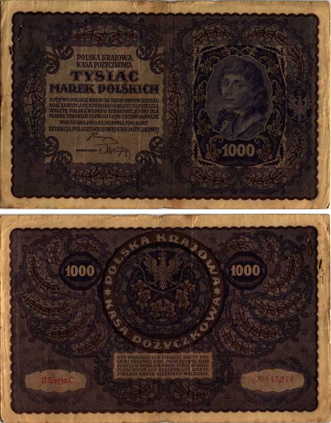 ПОЛЬША 1000 МАРОК 1919 23 АВГУСТА 1919, ТРЕТИЙ ВЫПУСК, ПОРТРЕТ КОСТЮШКО Pick 29 бумага VF 8607-26-1