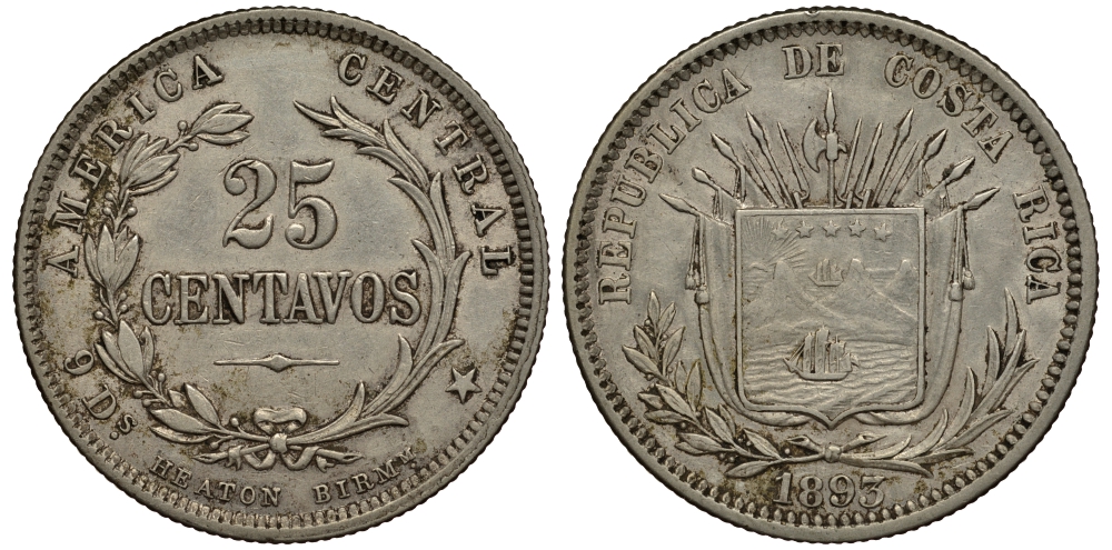 Коста-Рика 25 сентимо 1893 KM 130 серебро 272-925