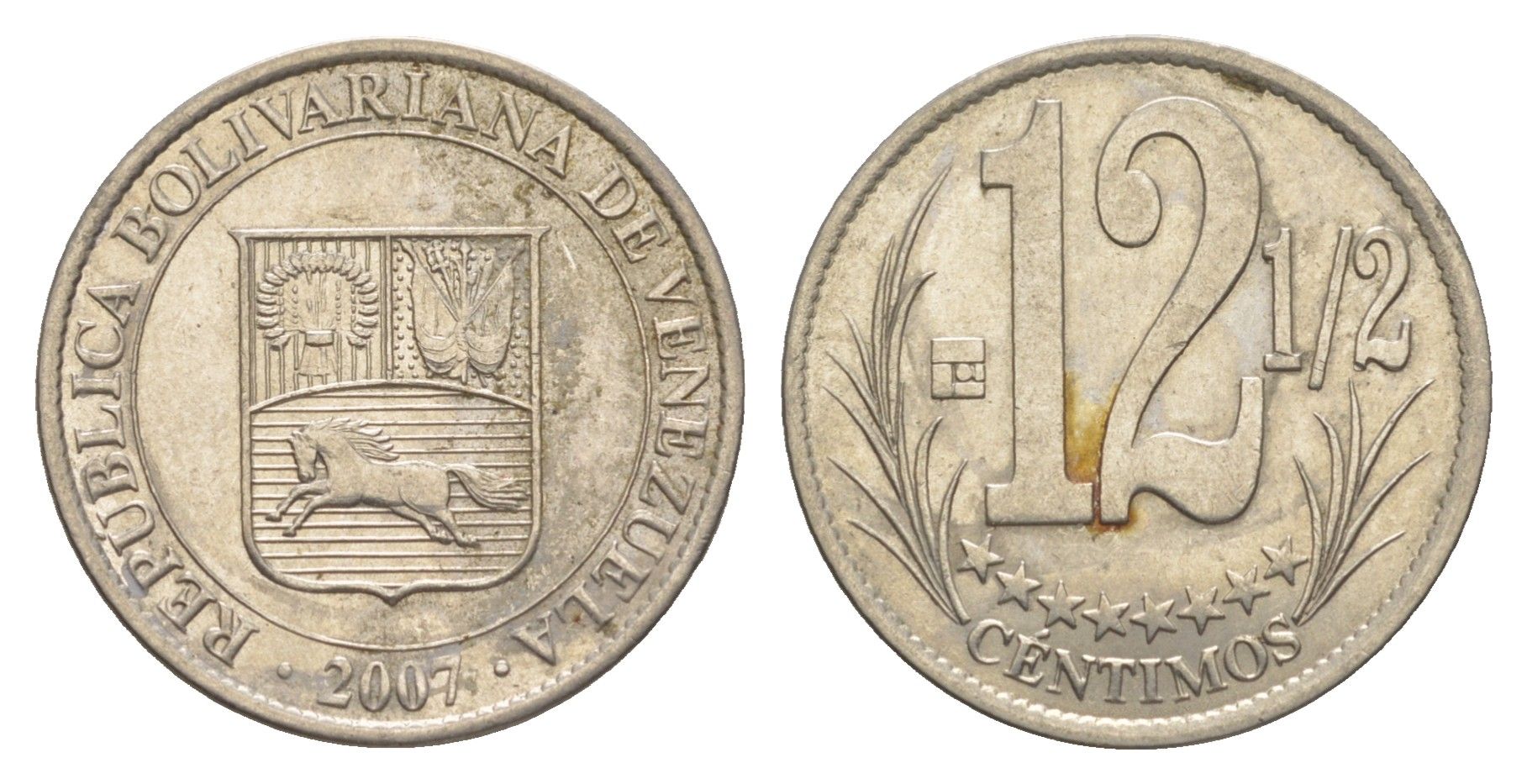 Венесуэла 12 1/2 сентимо 2007 Y 90 сталь плакированная никелем 4582-416