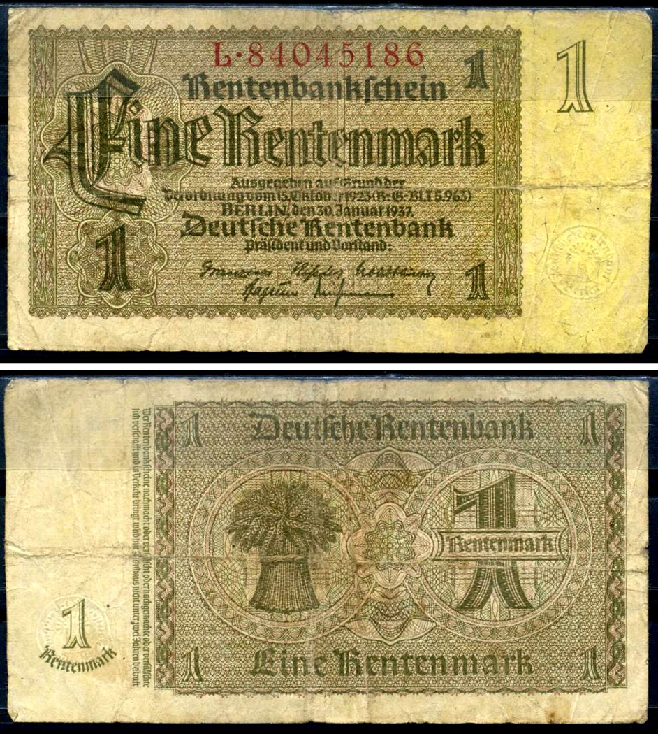 Германия 1 рентенмарка 1937 30 января 1937, восемь цифр в номере, серия L Pick 173 b, Rosenberg 166 b бумага 7376-36-2-1