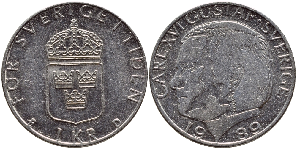 Швеция 1 крона 1989 Карл XVI Густав (1973- ) KM 852a медно-никель 4397-1237
