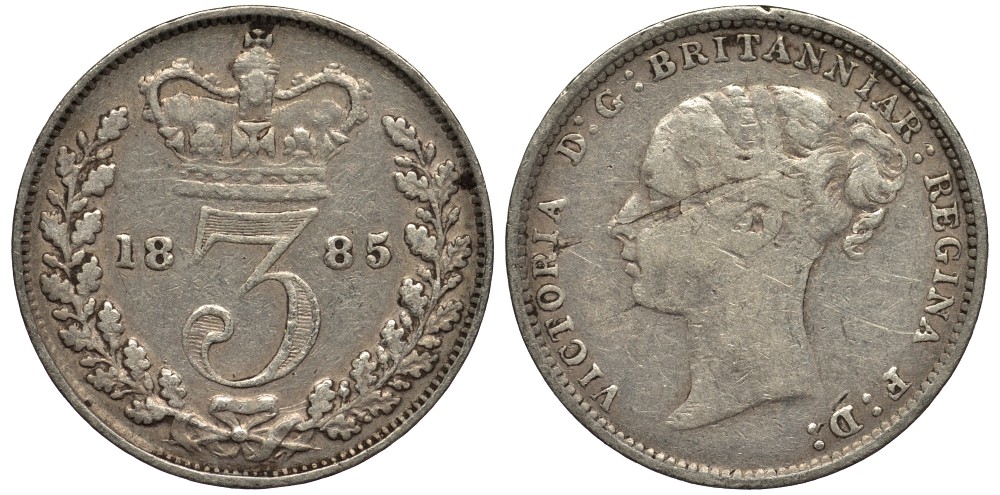 Великобритания 3 пенса 1885 Виктория (1837-1901) KM 730, Spink 3914D серебро 4528-361