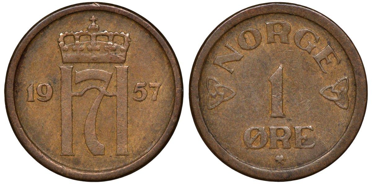 НОРВЕГИЯ 1 ЭРЕ 1957 KM 398 бронза 72-1059