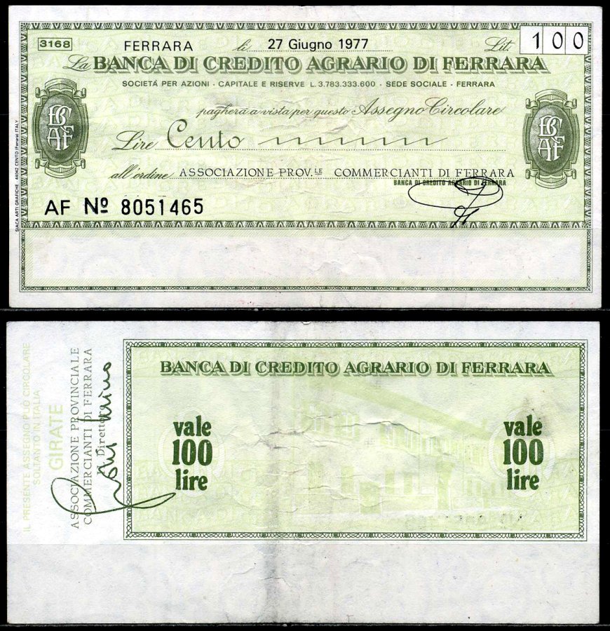 Италия чек на 100 лир 1977 провинциальная ассоциация комерсантов города Феррара бумага 6287-47-1-2