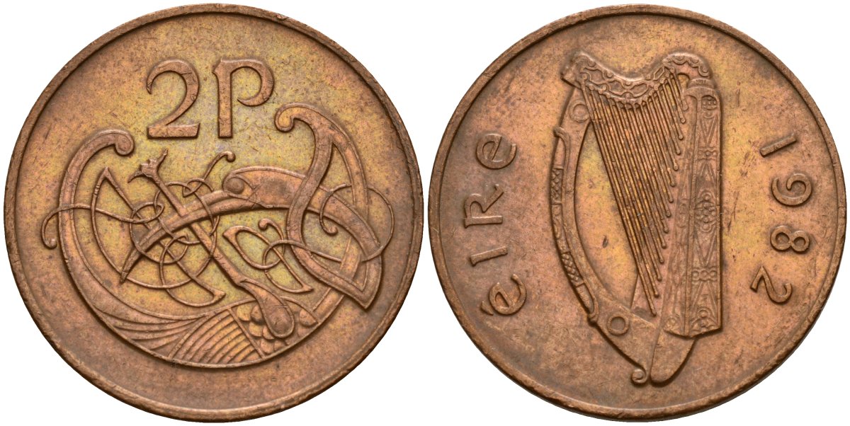 Ирландия 2 пенсов 1982 Виньетка в виде стилизованной птицы из второй библии Карла II Лысого KM 21 бронза 4140-245