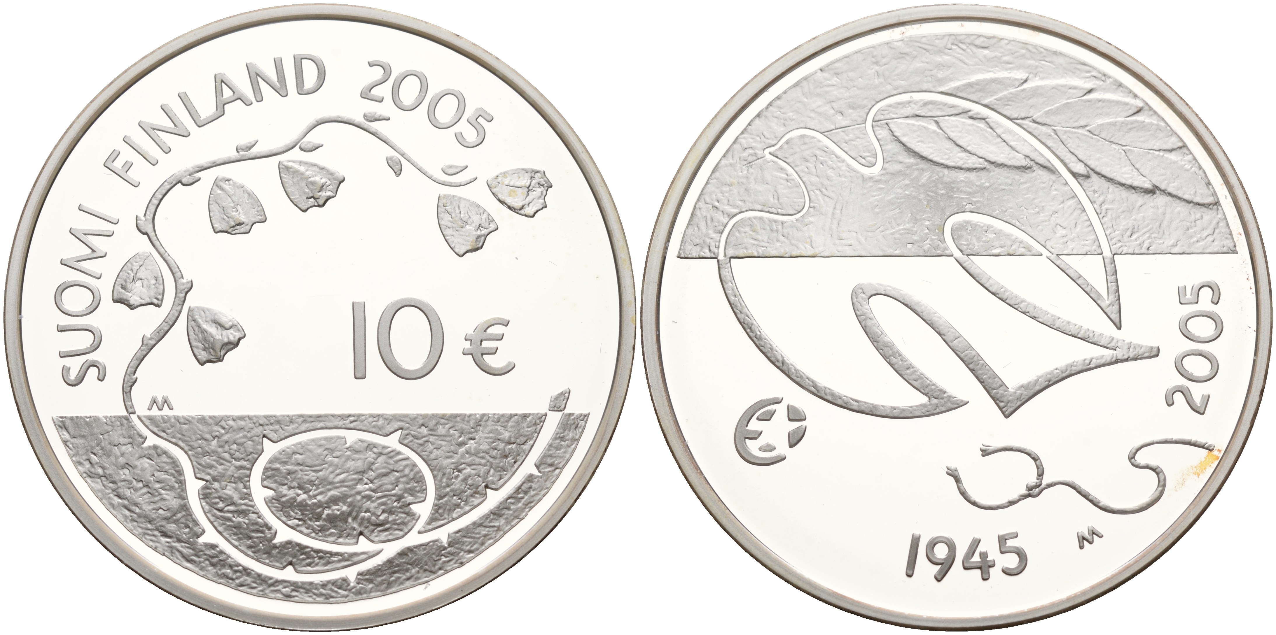Финляндия 10 евро 2005 60 лет мира в Европе, голубь мира KM 120 серебро PROOF 113-326-12