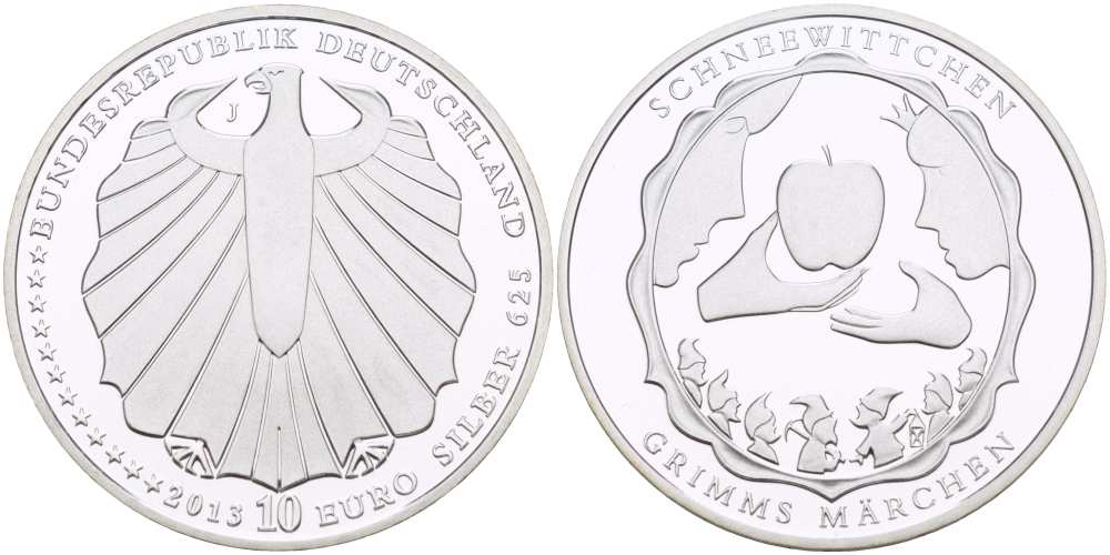 ФРГ 10 евро 2013 J, СКАЗКА БЕЛОСНЕЖКА БРАТЬЕВ ГРИММ KM 321 серебро PROOF 1084-7-72