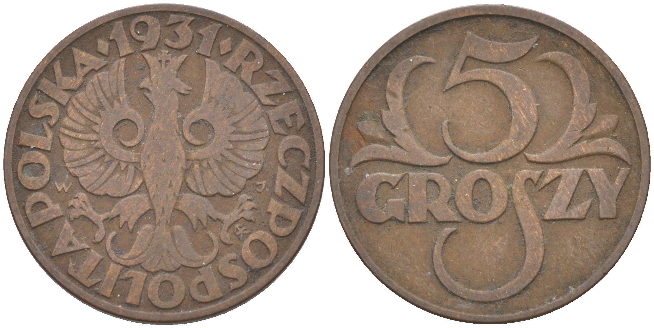 ПОЛЬША 5 ГРОШЕЙ 1931 w KM 10a бронза 187-566