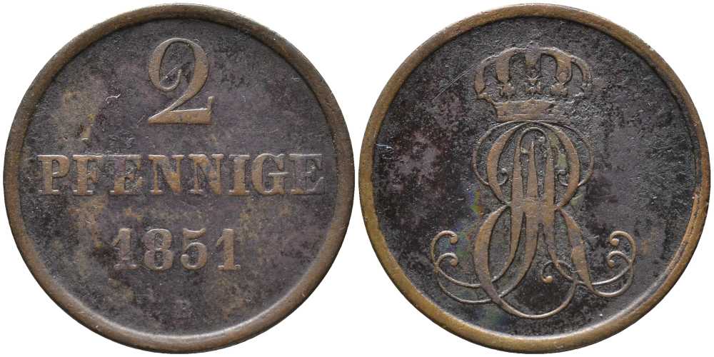 Ганновер 2 пфеннига 1851 В, Эрнст Август (1837-1851) KM 202.1 медь 4448-1055