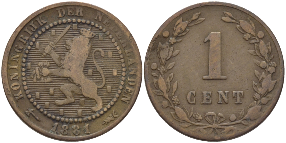 НИДЕРЛАНДЫ 1 ЦЕНТ 1881 KM 107 бронза 100-112