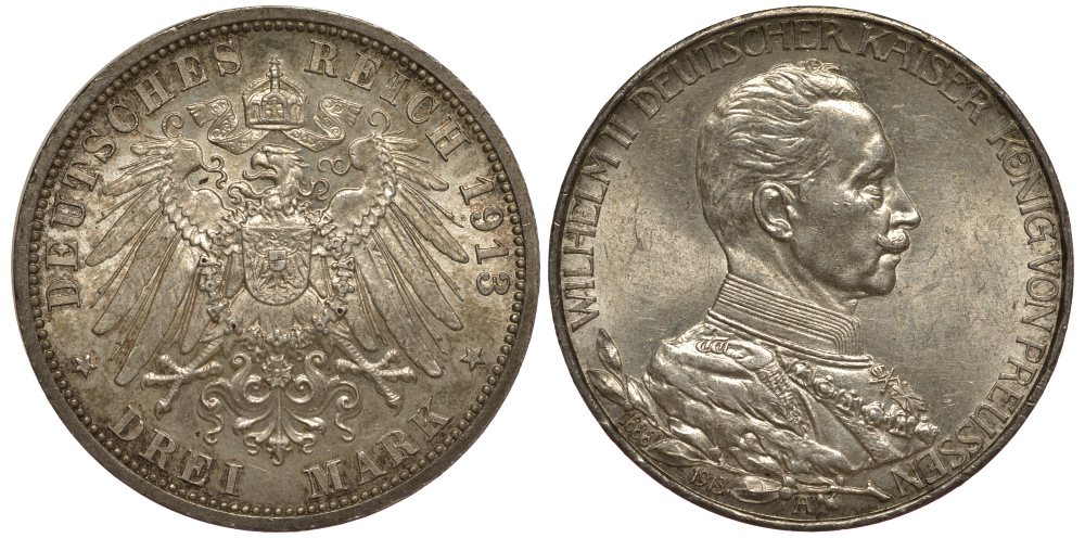 ПРУССИЯ 3 МАРКИ 1913 ВИЛЬГЕЛЬМ II В МУНДИРЕ KM 535, J.112 серебро 413-5113