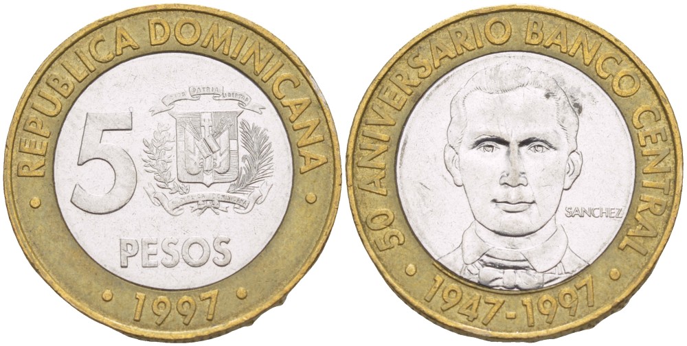 Доминиканская республика 5 песо 1997 50 лет центральному банку KM 88 биметалл 4541-1113