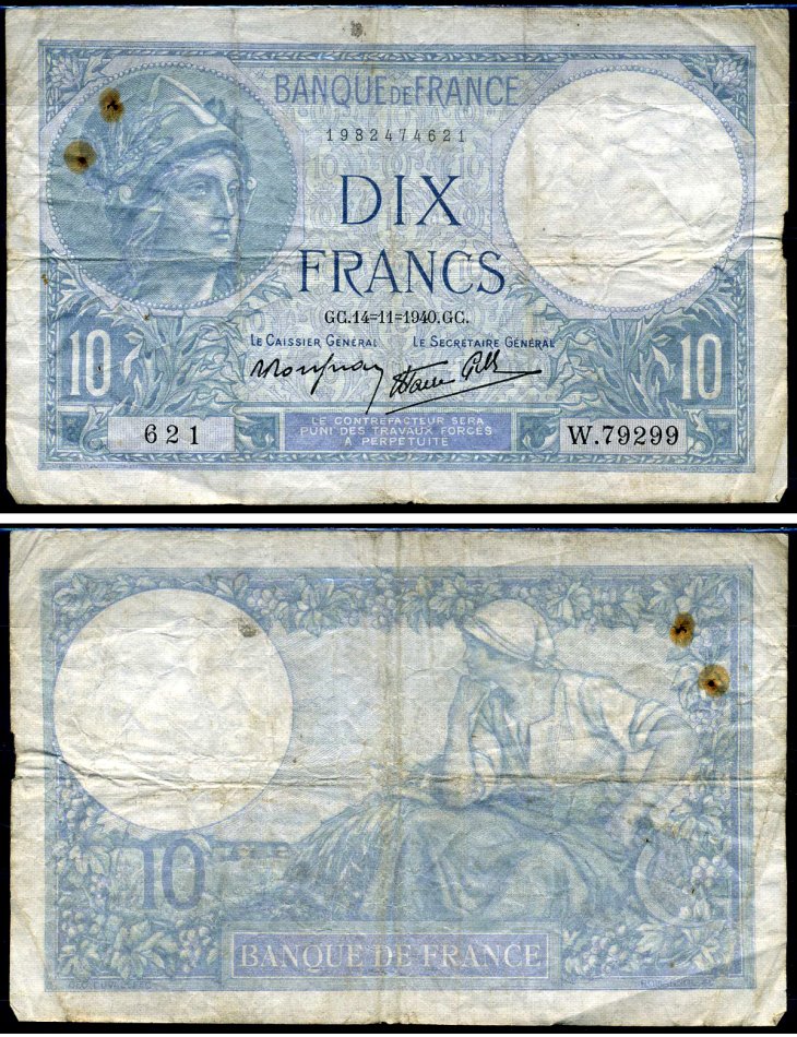 Франция 10 франков 1940 Pick 84 бумага 7457-21-1-2
