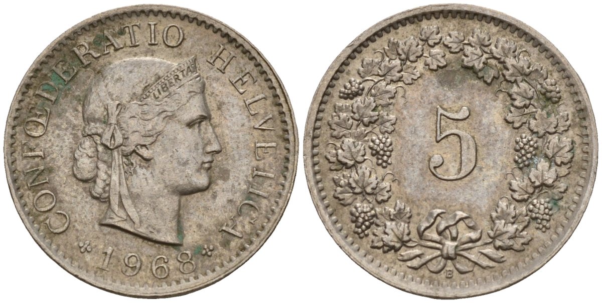 Швейцария 5 раппенов 1968 B KM 26 медно-никель 4189-337
