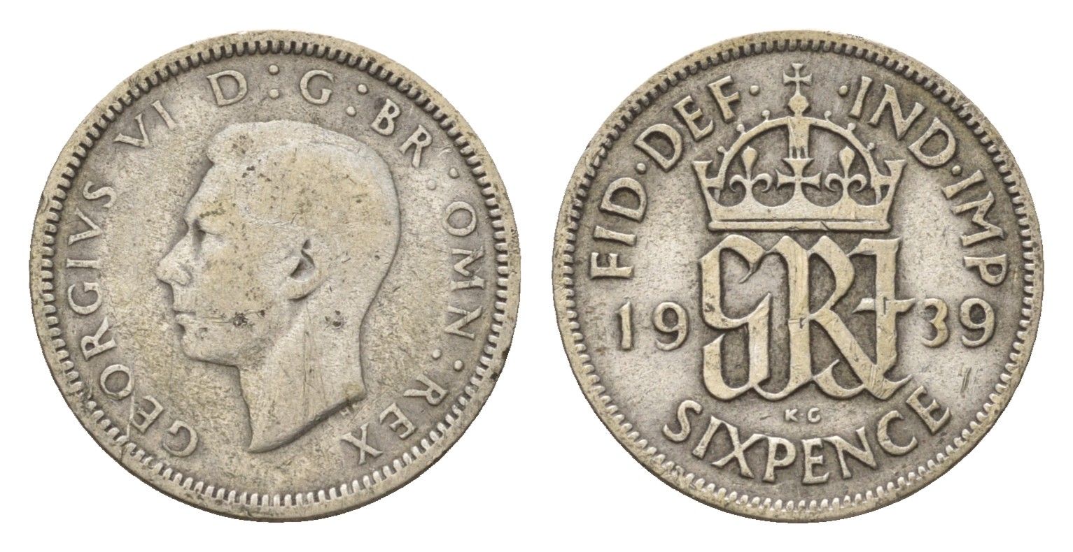 Великобритания 6 пенсов 1939 Георг VI (1936-1952) KM 852, Spink 4084 серебро 4644-1029