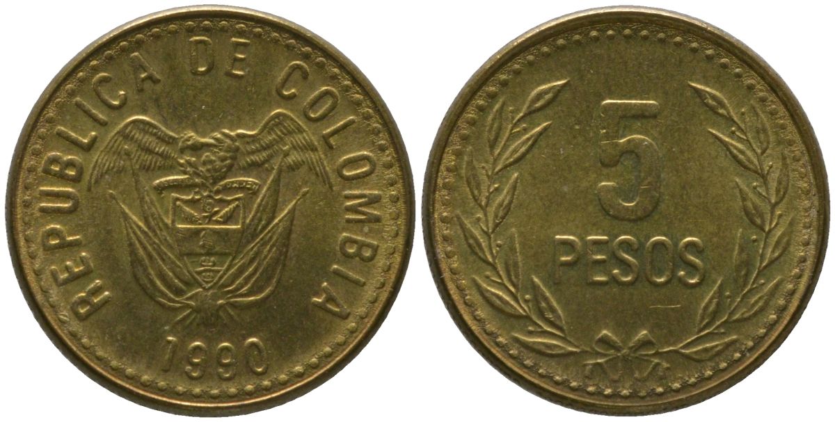 Колумбия 5 песо 1990 KM 280 алюминиевая бронза 4528-554