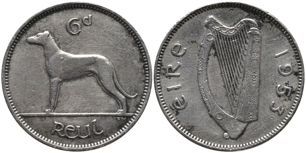 ИРЛАНДИЯ 6 ПЕНСОВ 1953 ИРЛАНДСКИЙ ВОЛКОДАВ KM 13а медно-никель 4387-1058