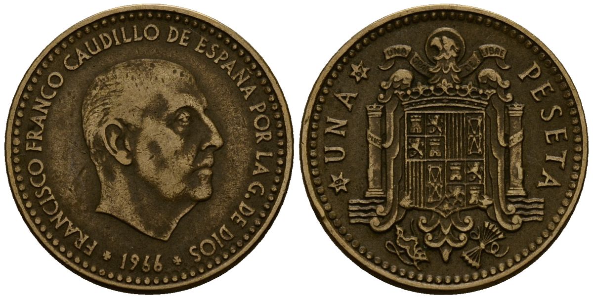 Испания 1 песета 1966 Франсиско Франко (1939-1975) KM 796 алюминиевая бронза 4176-323