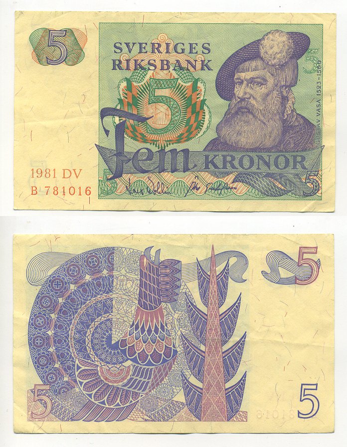 Швеция 5 крон 1981 DV, Густав I Ваза Pick 51d бумага 7203-72-2