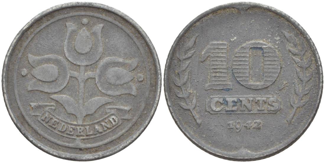 НИДЕРЛАНДЫ 10 ЦЕНТОВ 1942 ВИЛЬГЕЛЬМИНА I (1891-1948), ГЕРМАНСКАЯ ОККУПАЦИЯ, ВТОРАЯ МИРОВАЯ ВОЙНА KM 173 цинк 4548-835