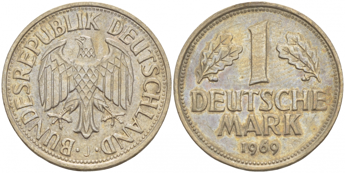 ФРГ 1 МАРКА 1969 J KM 110, J.385 медно-никель 4544-543