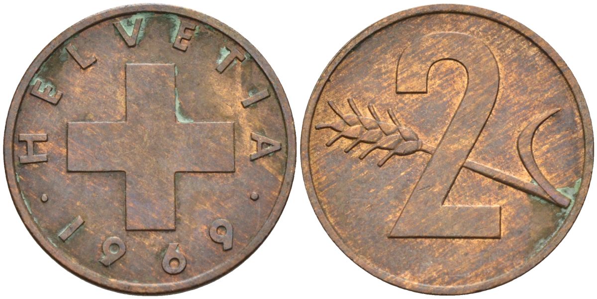 Швейцария 2 раппена 1969 KM 47 бронза 4563-1036