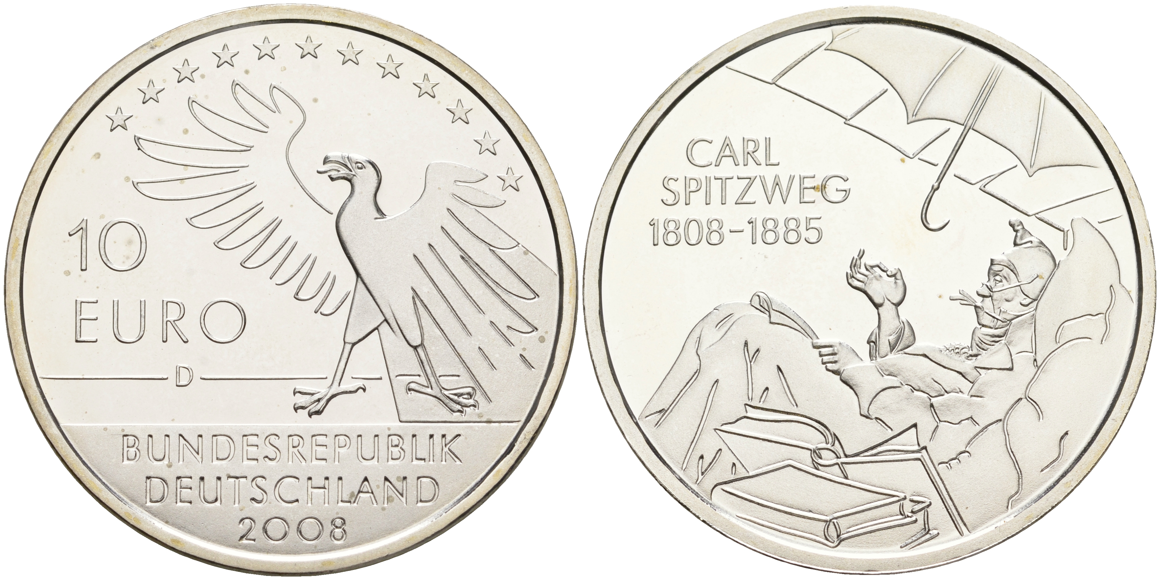 ФРГ 10 евро 2008 A, 200 лет со дня рождения Карла Шпицвега KM 273, DE.S. 10.34 серебро PROOF 1076-4-11