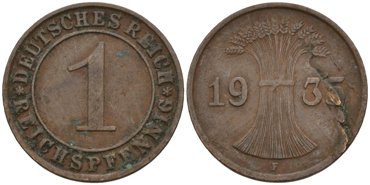 Германия 1 рейхспфенниг 1935 F KM 37, J. 313 бронза 4124-657