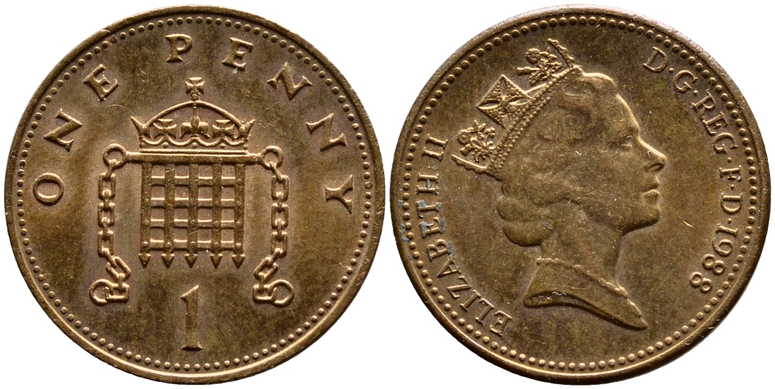 Великобритания 1 пенни 1988 Елизавета II (1952-2022) KM 935, Spink 4381 (B3) бронза UNC 08-1123