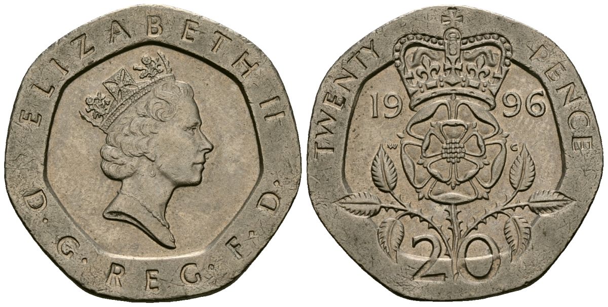 Великобритания 20 пенсов 1996 Елизавета II (1952-2022) KM 939, Spink 4361 (G2) медно-никель 4544-216