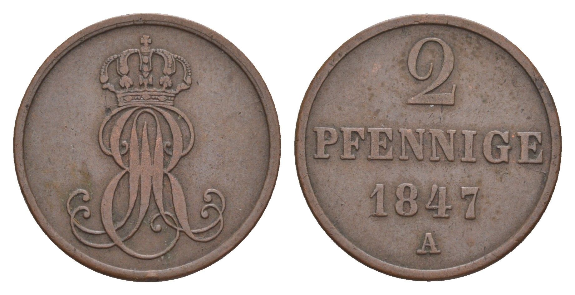 Ганновер 2 пфеннига 1847 A, Эрнст Август I (1837-1851) KM 202.2, AKS 124, J. 75 медь    4657-721