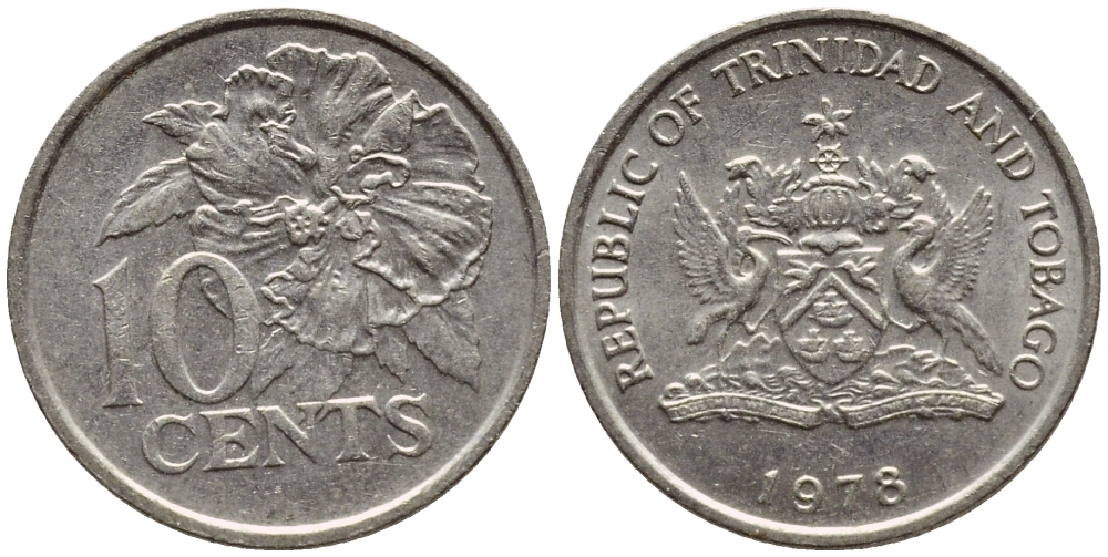 Тринидад и Тобаго 10 центов 1978 цветок гибискуса KM 31 медно-никель 4396-867