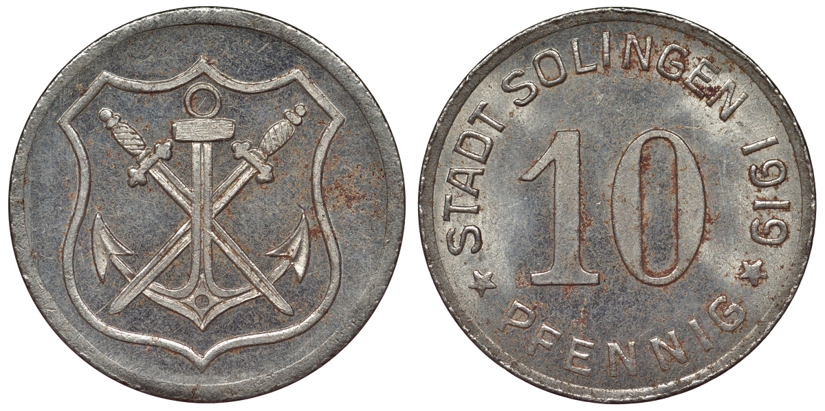 Германия, Золинген 10 пфеннигов 1919 Северный Рейн-Вестфалия, нотгельд Funck 508.5 железо 4119-1136