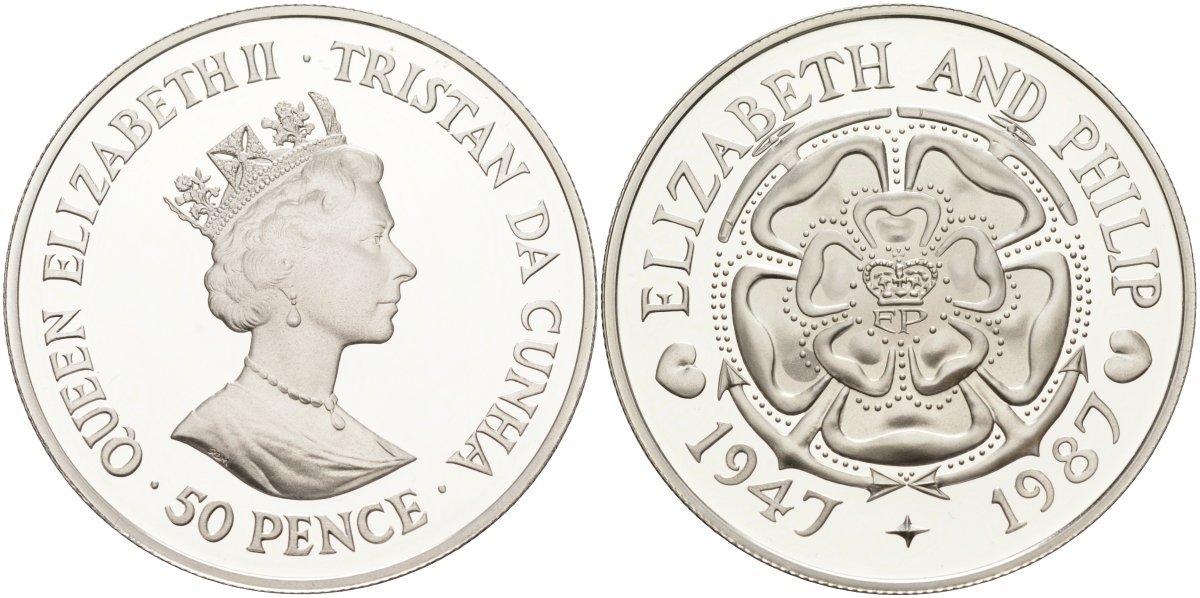 Тристан-да-Кунья 50 пенсов 1987 40 лет свадьбы Елизаветы II и Филиппа (1947-1987), тираж 2000 экз. KM 7 серебро PROOF 1069-3-11